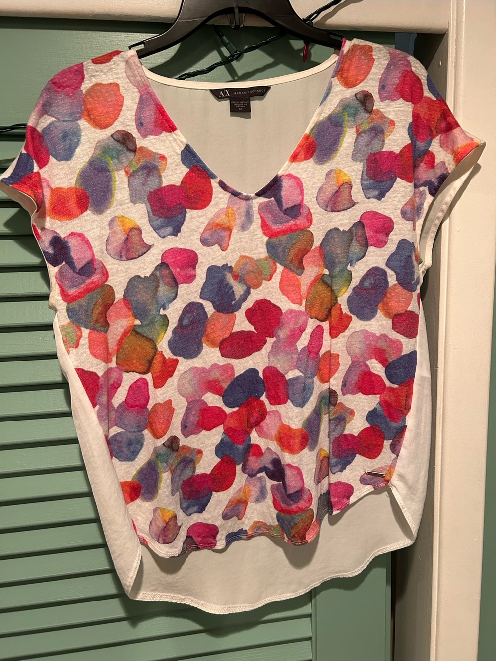 Armani Exchange White V-Neck Top with Multicolor Watercolor Print